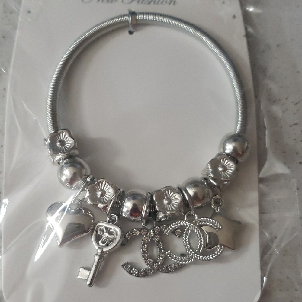 Silver Charm Bracelet with Heart and Key Accents